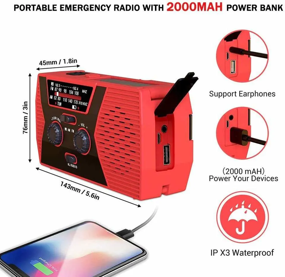 Emergency Flashlight Am FM Wb Solar Powered Radio Hand Crank with Mobile Charging 2000mAh Battery for Camping Walkman